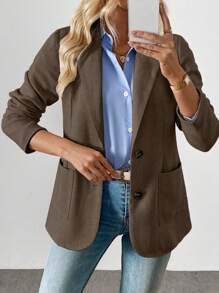 Franclia 女士人字纹米色西装外套，高品质冬季外套，美拉德印花款式，适合大学秋季穿着。 - 咖啡棕 - 查看 4