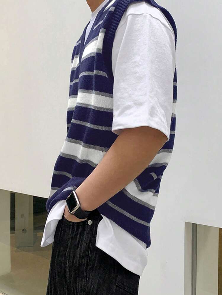 Men's Colorblock Striped Knitted Top, Suitable For Spring And Summer