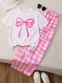 Sparklyn 2 件套青少年女孩蝴蝶结短袖 T 恤 + 蝴蝶结和格子印花长裤休闲甜美服装套装