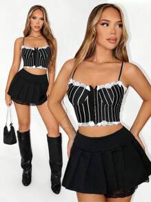 Zolique Women's Y2K Sexy Lace Trim Camisole Top - Black and White - View 1