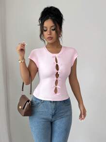 Chiquease Camiseta de mujer elegante y sexy con diseño calado de mariposa - Rosa - Ver 6
