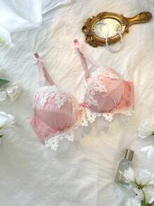 DelicateAllure 女士 3D 轮廓、褶边、可爱、心形、迷人、聚拢文胸 - 粉色 - 查看 1