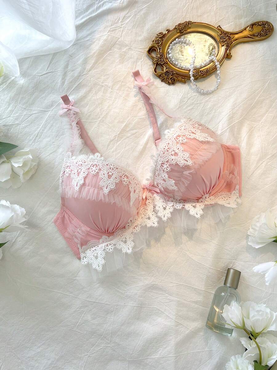 DelicateAllure 女士 3D 轮廓、褶边、可爱、心形、迷人、聚拢文胸 - 粉色 - 查看 1