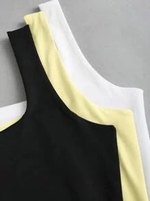 Sweetra 3 piezas Camisetas sin mangas de mujer de verano, de unicolor con cuello cuadrado, de ajuste ceñido
