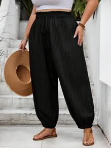 SHEIN CURVE+ 大码休闲纯色抽绳及踝长裤 - 黑色 - 查看 4