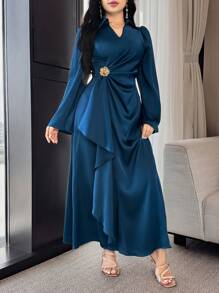 Modelyn 女士优雅纯色喇叭袖裹身连衣裙 - 藍色 - 查看 6