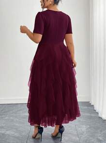 Ellevyn Plus Size Women Button Decor Short Sleeve Mesh Hem Elegant Dress,Wedding Guest Dress Plus Size Elegant Dress Burgundy Tulle Dress - Burgundy - View 2