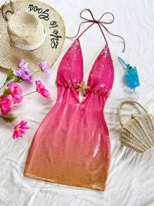 Soleia Gradient Sequin Deep V Metal Decor Halter Mini Dress, Music Festival Party - Multicolor - View 6