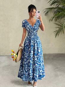 Selianne 全新女式轻盈编织花卉泡泡袖露背褶皱修身长裙，优雅迷人，适合约会、度假