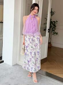 SHEIN LUNE Bộ 2 món gồm áo cổ đứng thắt nơ phối lưới và chân váy in hoa. - Nhiều màu - Xem 3