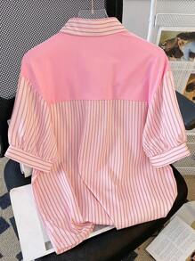 SHEIN 女士条纹印花纽扣前系带短袖衬衫女士衬衫 - 粉色 - 查看 2