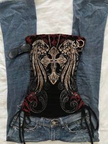 Attitoon 女士翼形印花抽绳侧抹胸短款上衣，性感西部风上衣 - 彩色 - 查看 1