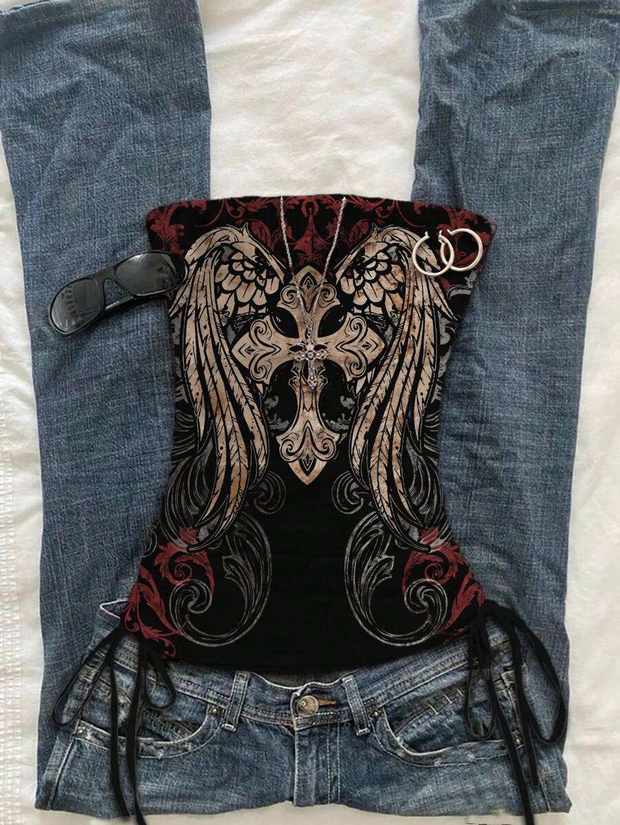 Attitoon 女士翼形印花抽绳侧抹胸短款上衣，性感西部风上衣 - 彩色 - 查看 1