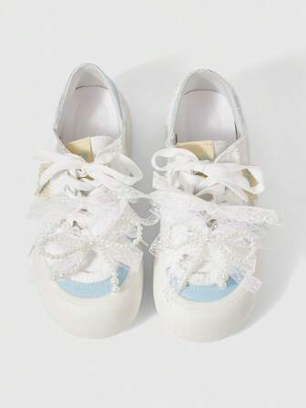 Kawaii Scarpe da ginnastica casual con suola morbida e lacci, con decorazione a fiocco, Mary Jane piatte leggere e confortevoli per le donne