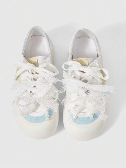 Kawaii Zapatillas casuales con cordones y decoración de moño, de suela blanda y ligeras y cómodas, tipo Mary Jane para mujer