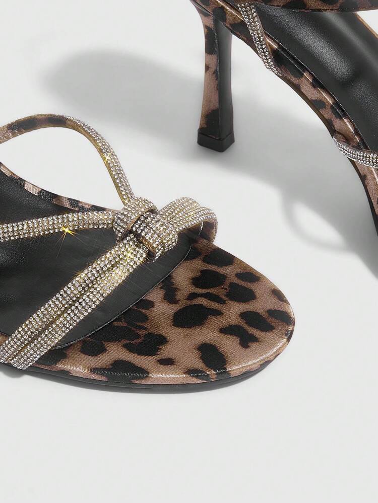 CUCCOO SZL Leopard Print Satin Stilettos With Silver Rhinestones Strap, Chic And Glamorous Pointed Toe Evening High Heel Sandals