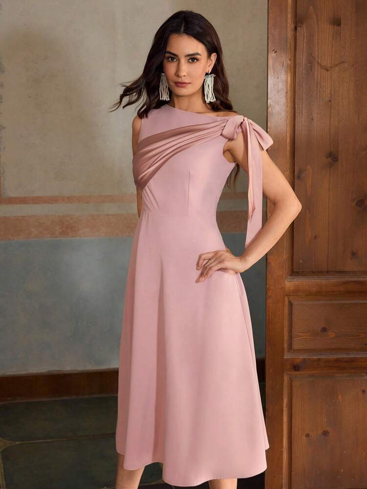 ZEYLAH Vestido Médio com Colarinho Assimétrico e Cintura Amarrada, Elegante e Simples