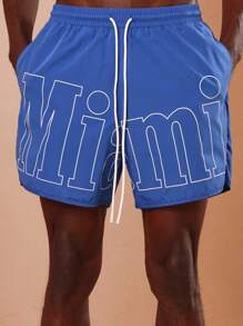 SUMWON Athletic Performance Swimming Trunks Beach Pool Elastic Drawstring Waistband Logo Board Shorts Surfer Style Mid Length Vacation Resort Leisure Sportswear - Blue - View 7