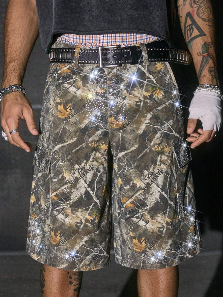AXEPEAK 男士宽松钻石装饰迷彩工装短裤 - 軍綠色 - 查看 1