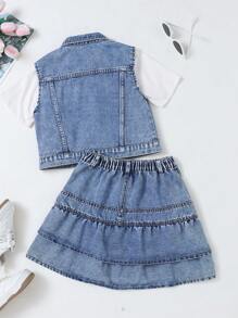 Mädchen Y2K Streetwear Stil Lässige vielseitige Denim Weste und Mini-Rock 2-teiliges Set, angenehm weiches Material, perfekt für tägliche Unternehmungen, Neuerscheinungen Frühling/Sommer 2025 - Mittele Waschung - Übersicht 3
