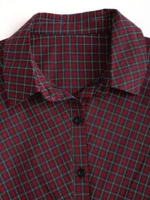 Sweetra 宽松复古红格子长袖衬衫裙，清纯优雅束腰女装 - 彩色 - 查看 4