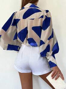 INAWLY Áo cánh tay đèn lồng in họa tiết khối màu thanh lịch dành cho nữ - Xanh đậm - Xem 2