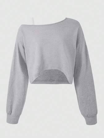 SHEIN Sweetra Young Tween Girl Casual Fashion Asymmetrical Neck Long Sleeve Gray T-Shirt