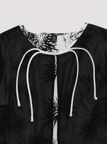 SHEIN Clasi 加大码女式中式圆领短袖中长连衣裙，新东方水墨画印花装饰纽扣优雅度假装 - 黑與白 - 查看 7