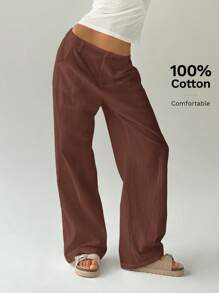 Easelle Women's Casual Coffee Brown Cotton Washed Straight Leg Pants - Coffee Brown - View 7