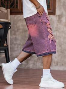 Manfinity Roughcore Men's Avant-Garde Burgundy Ripped Denim Bermuda Shorts, Perfect For A Bold Street Casual Look. These Heavily Distressed Jorts Offer An Edgy And Unique Style For Summer Comfort. - Burgundy - View 6