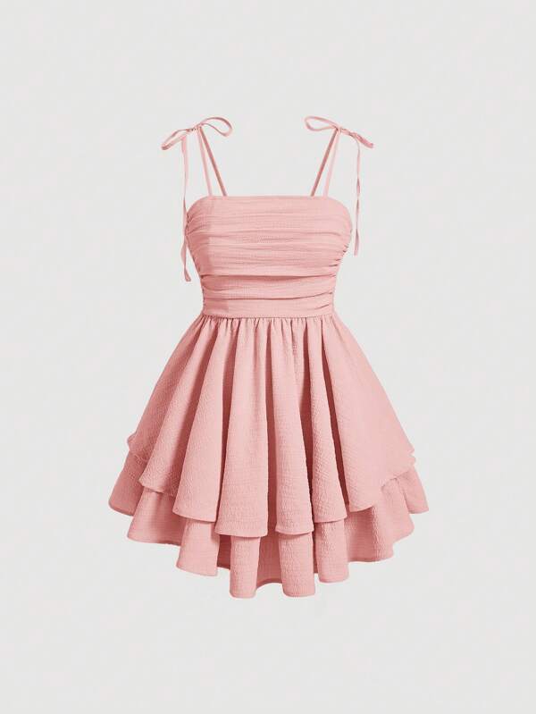 SHEIN MOD Tie Shoulder Two Layer Hem Summer Pink Cami Dress