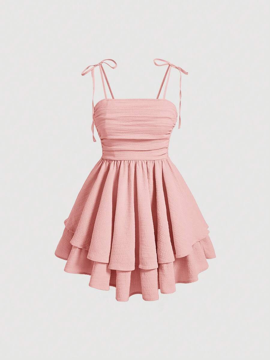SHEIN MOD Vestido de verano rosa tipo camiseta con tirantes y doble capa en el bajo