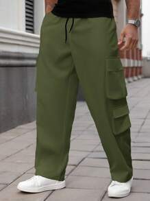 Manfinity Homme 休闲户外宽松抽绳加大码男士长裤，秋季 - 軍綠色 - 查看 4