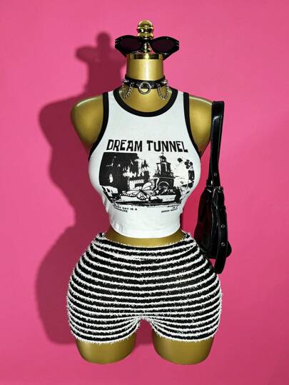 Slaydiva 2pcs Y2K Style Summer Music Festival Outfit Set: Sexy Casual Butterfly & Slogan Print Color Block Trim Tank Top + Black & White Fuzzy Striped Bodycon Shorts, Women, Suitable For Easter, Music Festivals, Everyday, Party, Christmas, Valentine's Day, Date, Beach, Cruise, Carnival, Streetwear