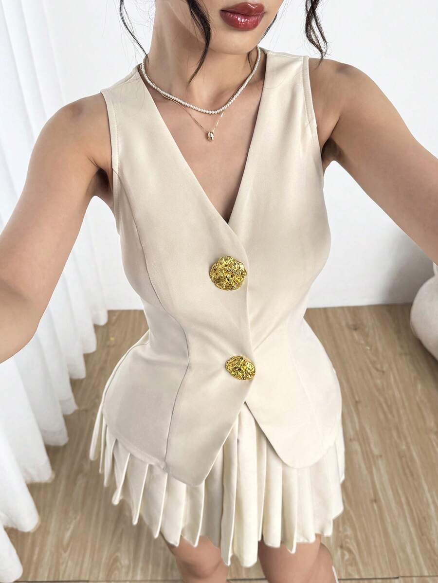Modelyn 2pcs/Set Summer Commuter Single-Breasted Vest And Pleated Skirt Set - Apricot - View 1