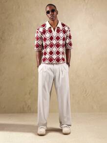 SUMWON 复古钩针 Polo 衫短袖针织上衣钻石图案复古学院风街头服饰 - 酒紅色 - 查看 4