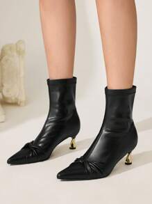 CUCCOO CHICEST Giày bốt cao gót mũi nhọn thời trang thu đông dành cho nữ, màu đen, phối nơ đa năng, đế mảnh mạ điện, kiểu dáng tối giản, co giãn, ôm sát cổ chân. - màu đen - Xem 2