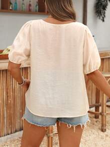 SHEIN LUNE Plus Size Women Floral Patchwork Sheer Short Puff Sleeve Fashionable Blouse - Apricot - View 2