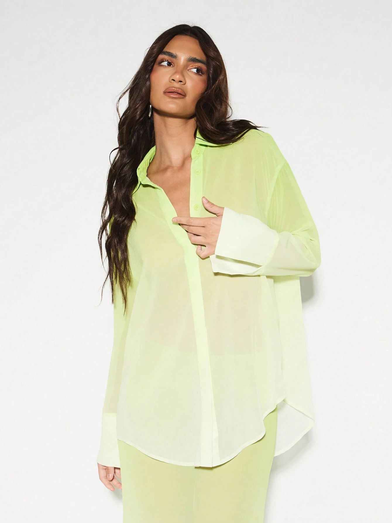 KIZN Lightweight Oversized Button Down Chiffon Sheer Long Sleeve Blouse