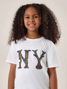 SUMWON 青少年豹纹纽约标志图案短袖T恤休闲夏季青少年时尚街头服饰团队设计 - 白色 - 查看 4