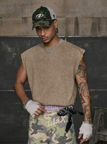 AXEPEAK Men's Chunky Knit Loose Fit Sleeveless Top, Solid Color - Brown - View 1