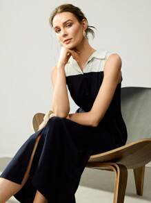 Uhlyne 女装春夏优雅外出休闲通勤职场社交亚麻藏青色拼接白色纽扣装饰无袖开襟衬衫连衣裙 - 藏蓝色 - 查看 8