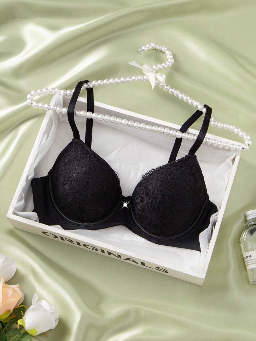 1pc Sexy Lace Minimalist Gathered & Uplift Small Bust Bra Without Underwire - Black - View 1