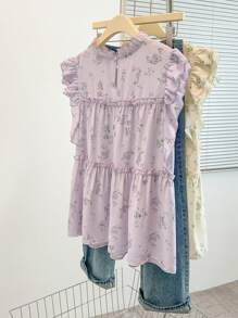 SHEIN Clasi Camicia stampata da donna casual da vacanza con balze, fiori piccoli e senza maniche, camicia casual estiva, camicia floreale, camicia floreale senza maniche con balze