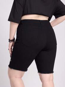 ROMWE EDITION 自然风哥特度假刺绣紧身大码牛仔短裤 - 黑色 - 查看 3