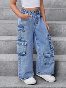 SHEIN 女童宽松工装口袋阔腿休闲牛仔裤 - 深色水洗藍 - 查看 3