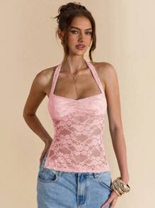 SHEIN BAE 女士纯色细肩带蕾丝露背上衣，性感蕾丝后背露背，适合音乐会、街头服饰、狂欢派对、夏季 - 珊瑚粉 - 查看 6