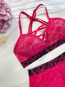 2 件浪漫性感活力花卉蕾丝和字母印花交叉文胸和高腰内裤套装，透明无钢圈文胸，洋红色 - 玫紅色 - 查看 7