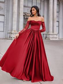Glamrae Đầm xòe rộng sang trọng, thanh lịch, trễ vai, tay ngắn, chất liệu satin xuyên thấu, phối ren và họa tiết, thích hợp cho đám cưới, tiệc độc thân, kỳ nghỉ, dạ hội, hẹn hò, các dịp trang trọng (phiên bản cao cấp), dành cho Ngày Valentine. - Đỏ - Xem 6