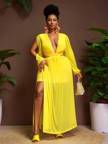 Veslaya 2015 New Vacation Party Going-Back-To-School Season Light Yellow Sheer Lace Hollow-Out Waist Maxi High Split Dress, Plus Size - Yellow - View 5